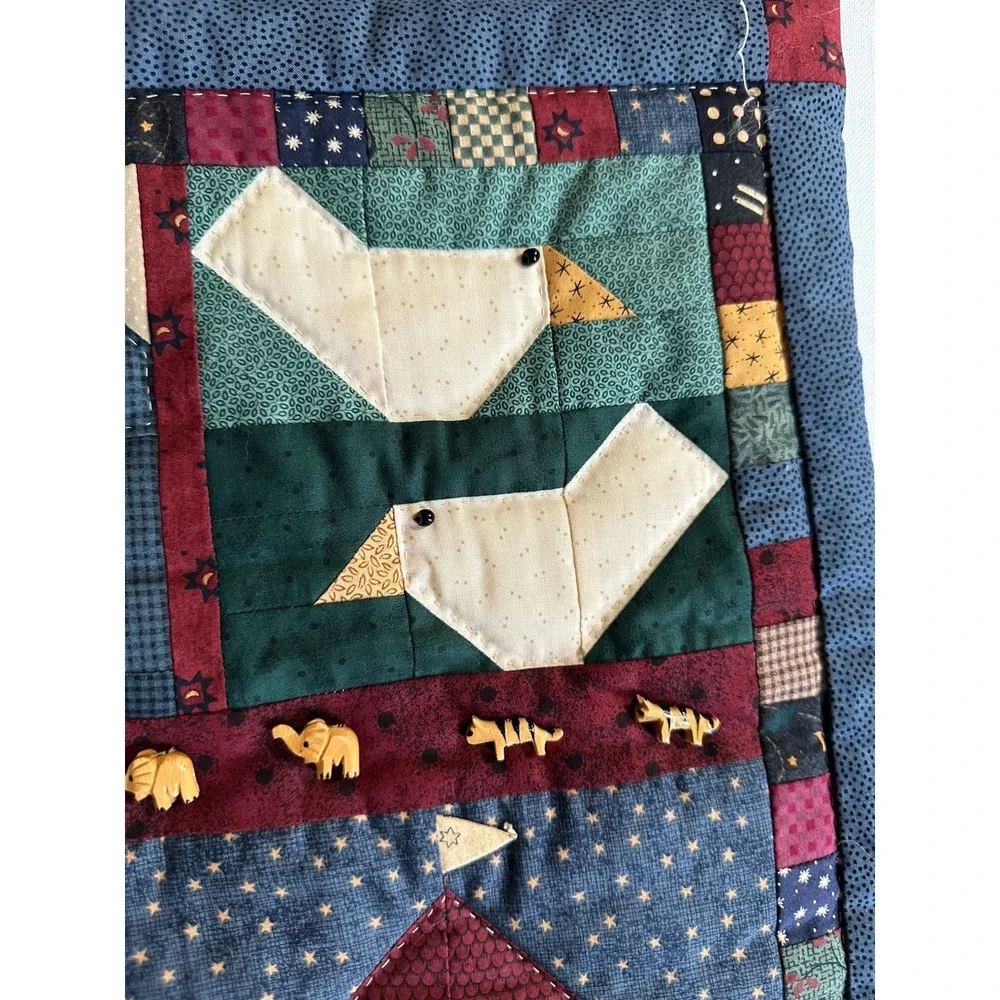 Vtg Folk Art Noahs Ark Mini Quilt 16x24 Wall Hanging Primitive Handmade
